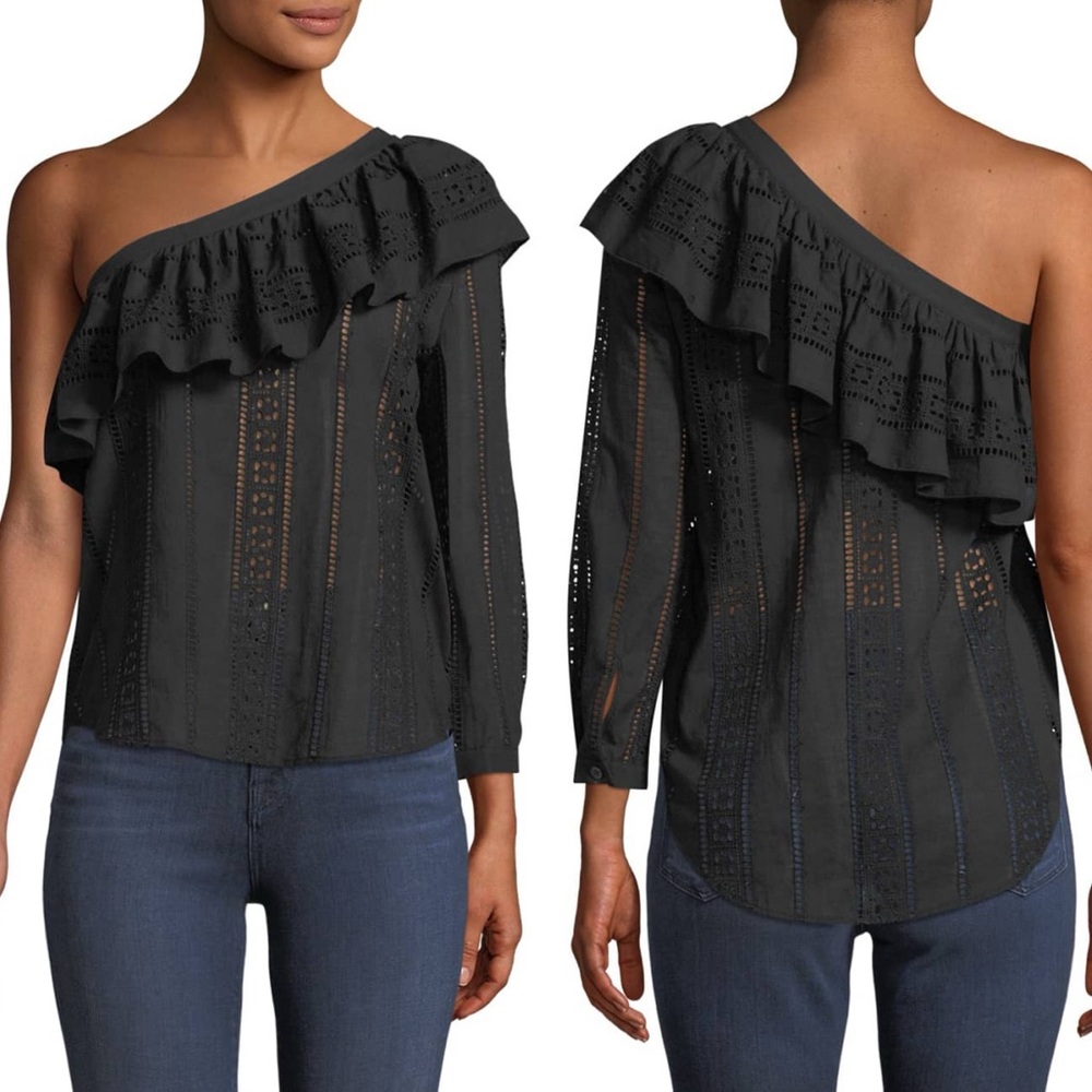 Veronica Beard | Cruz Eyelet One-Shoulder Ruffle Top in Black 2